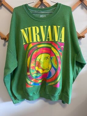NIRVANA Green Crewneck with Neon Tie-Dye Smile Graphic